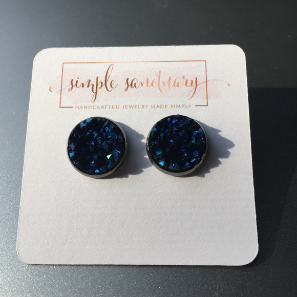 Deep Blue Druzy Stone Studs - Picture 1 of 3